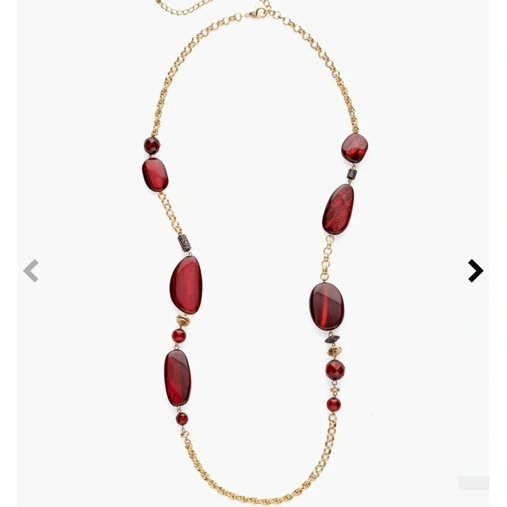 New Chicos gold tone long necklace with chunky ruby red beads, adjustable length